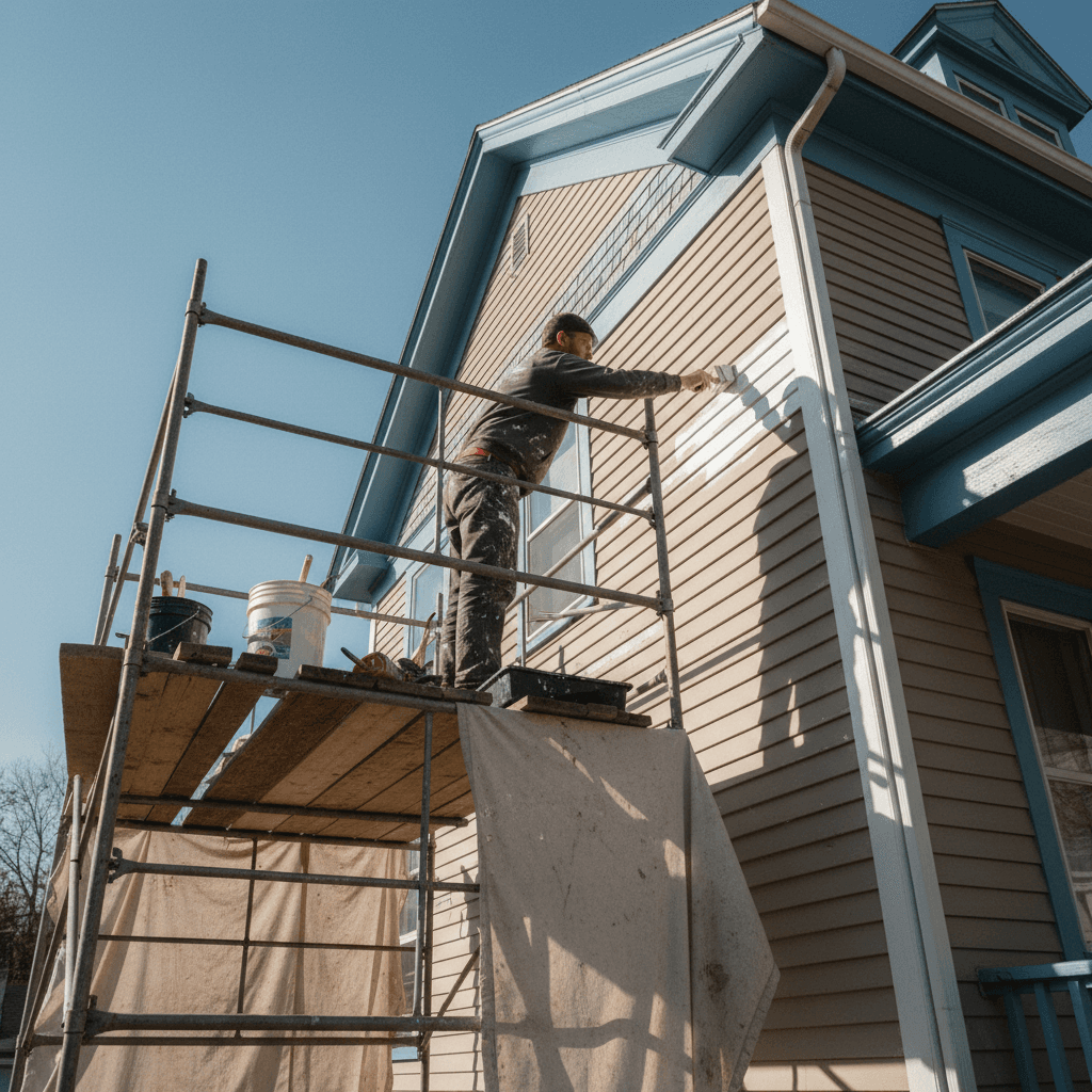 Painter working on residential exterior house painting from scaffolding