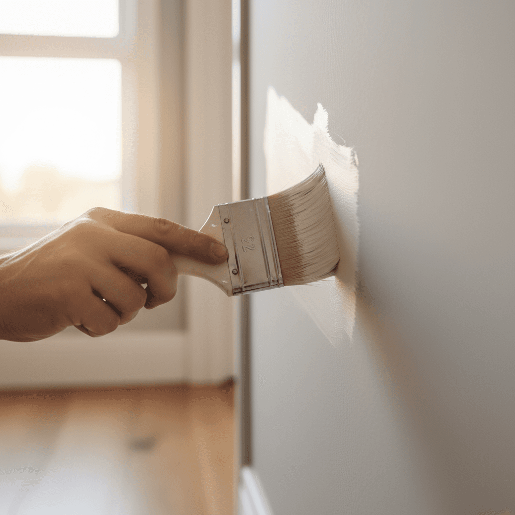 Painter applying interior wall paint with precision brush technique
