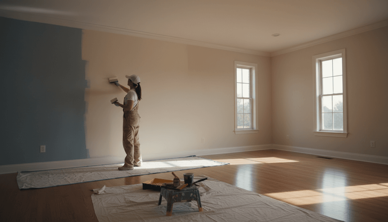Professional painter applying interior paint to a living room wall with natural light and quality technique visible