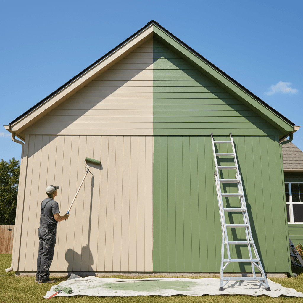 Exterior residential house painting with sage green color transformation