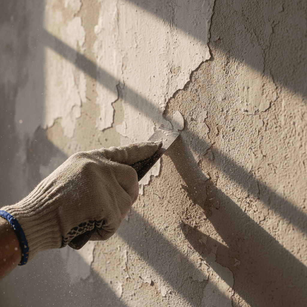 Close-up detail of professional wall surface preparation and sanding
