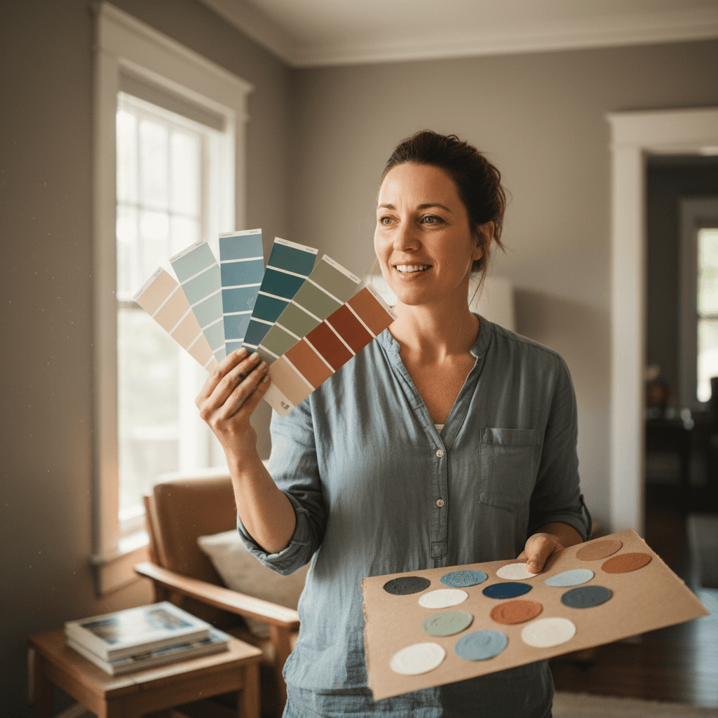 Painter presenting and consulting on paint color options with homeowner