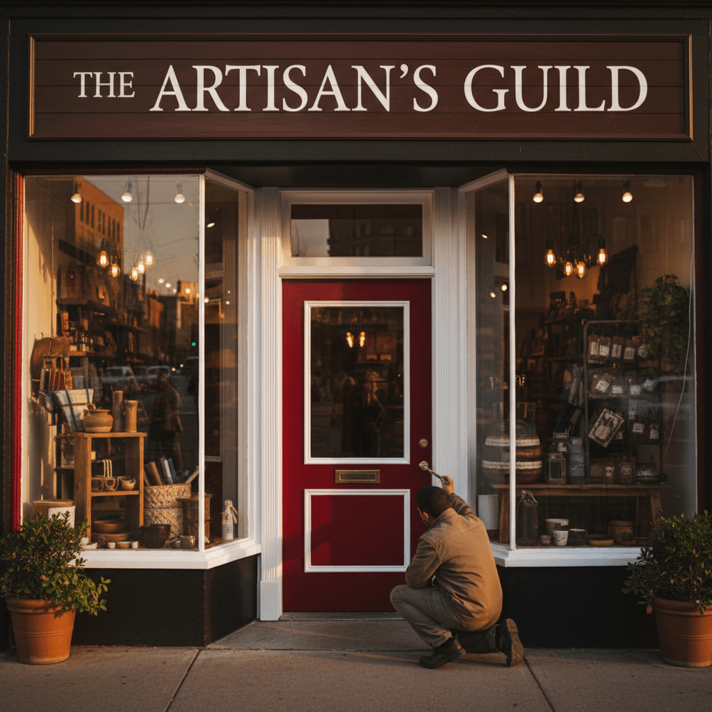 Commercial storefront entrance painting with red door and white trim