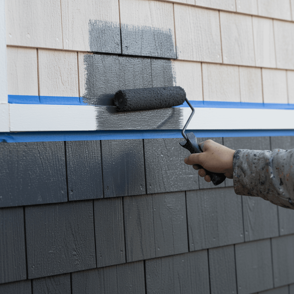 Exterior residential house painting with gray siding