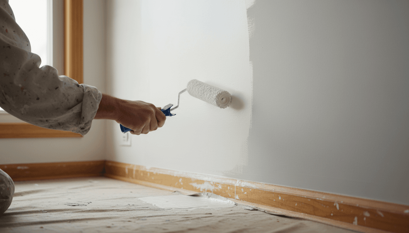 Painter applying fresh paint to an interior wall with natural light