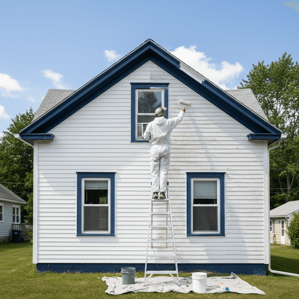 Exterior home painting in progress with painter on ladder