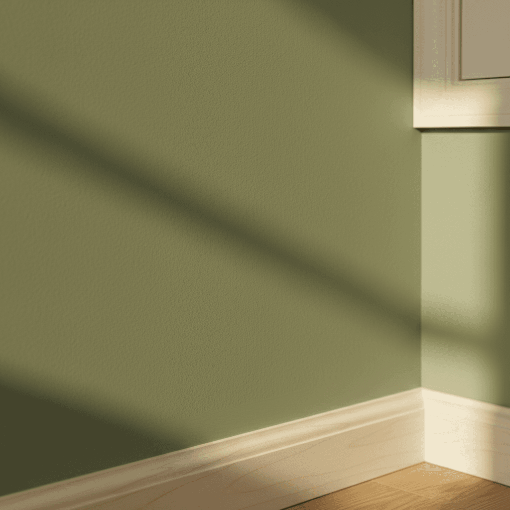Interior wall with fresh sage green paint and crisp trim work