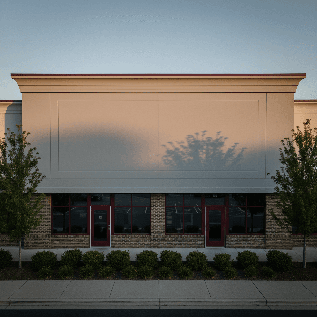 Commercial building exterior with gray paint and burgundy accent door